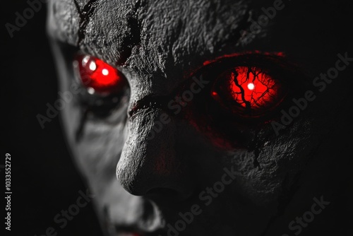 Glowing Red Eyes. Zombie Doll Portrait with Creepy Doll Face and Zombie Skin in Black Background - Halloween Horror Concept