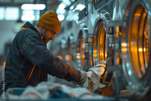 A man in a laundromat loading clothes into a washing machine. The scene captures the routine task of laundry in a modern, brightly lit environment with industrial machines. photo