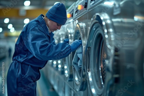 A woman working in a professional laundry facility, placing clothes into industrial washing machines. The clean, organized environment reflects efficiency and attention to detail in garment care.