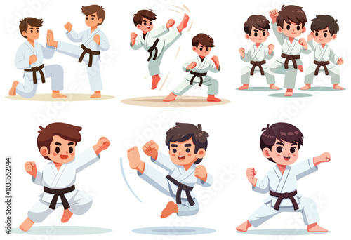 Cheerful young boys practicing karate moves, cartoon illustration, martial arts poster