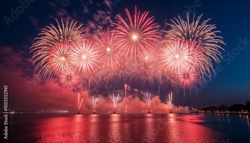 Fireworks display over water with vibrant colors and reflections at night