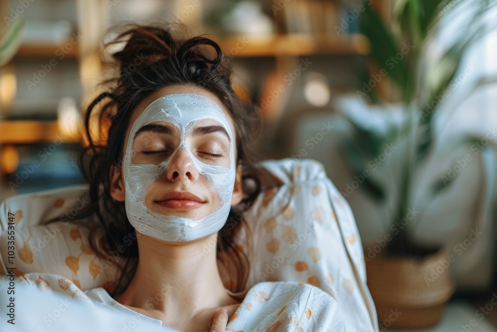 A woman relaxes in bed with a facial mask applied to her face, eyes closed, in a peaceful, light-filled room. The ambiance is calm and soothing, perfect for self-care and relaxation. A woman relaxes in bed with a facial mask applied to her face, eyes closed, in a peaceful, light-filled room. The ambiance is calm and soothing, perfect for self-care and relaxation.