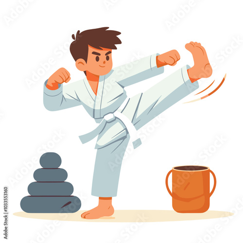 Karate boy practicing kicks in white gi, cartoon style, isolated on white, martial arts poster