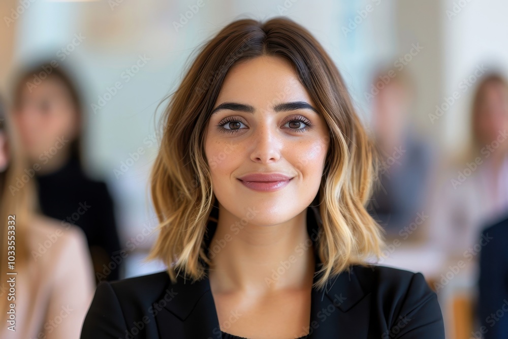 Confident woman smiling in a business meeting, showcasing leadership and professionalism in a corporate environment. Confident woman smiling in a business meeting, showcasing leadership and professionalism in a corporate environment.