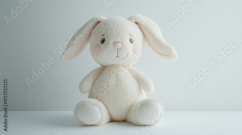 A white plush bunny toy sits on a white background.