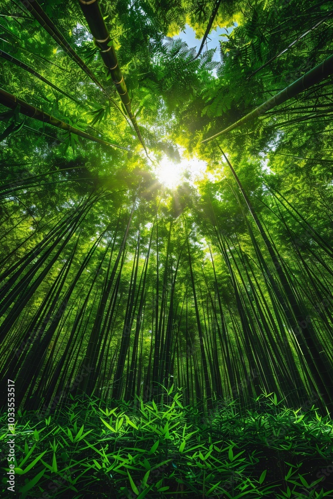 Naklejka premium A serene background featuring a lush bamboo forest, with vibrant green bamboo stalks and delicate leaves creating a tranquil atmosphere. The image captures the essence of nature's beauty and simplicit