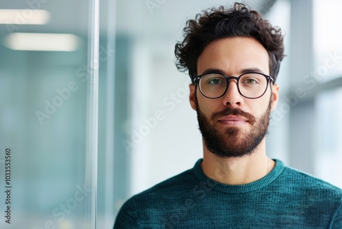 Confident young man with glasses and beard in green sweater standing against a modern glass office background. Professional and stylish portrait.