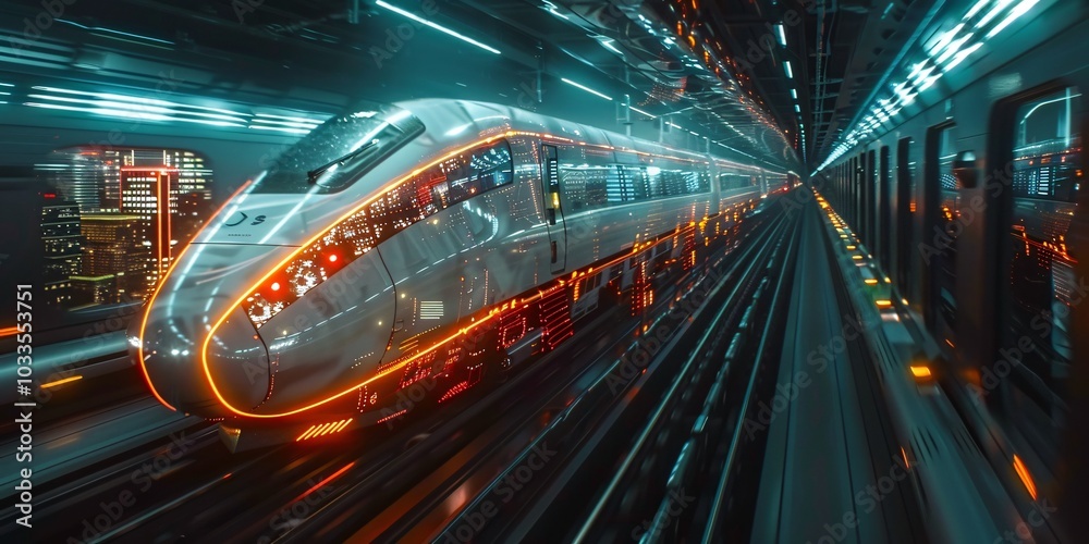 Fototapeta premium A sleek high-speed train, embodying modern transportation technology and efficiency, glides effortlessly along the tracks. This image captures the essence of advanced engineering and the rapid connect