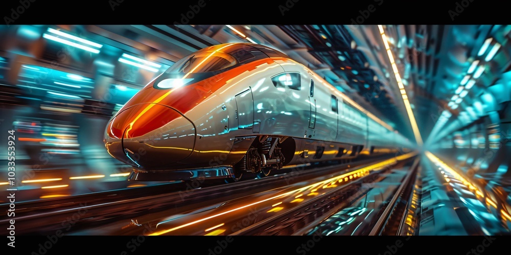 Fototapeta premium A sleek high-speed train, embodying modern transportation technology and efficiency, glides effortlessly along the tracks. This image captures the essence of advanced engineering and the rapid connect