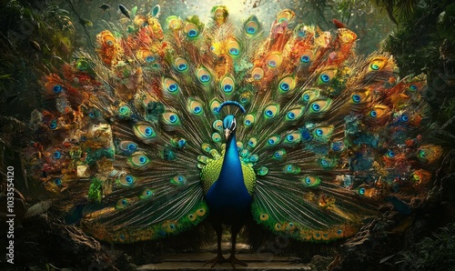 Peacock with vibrant iridescent tail feathers.