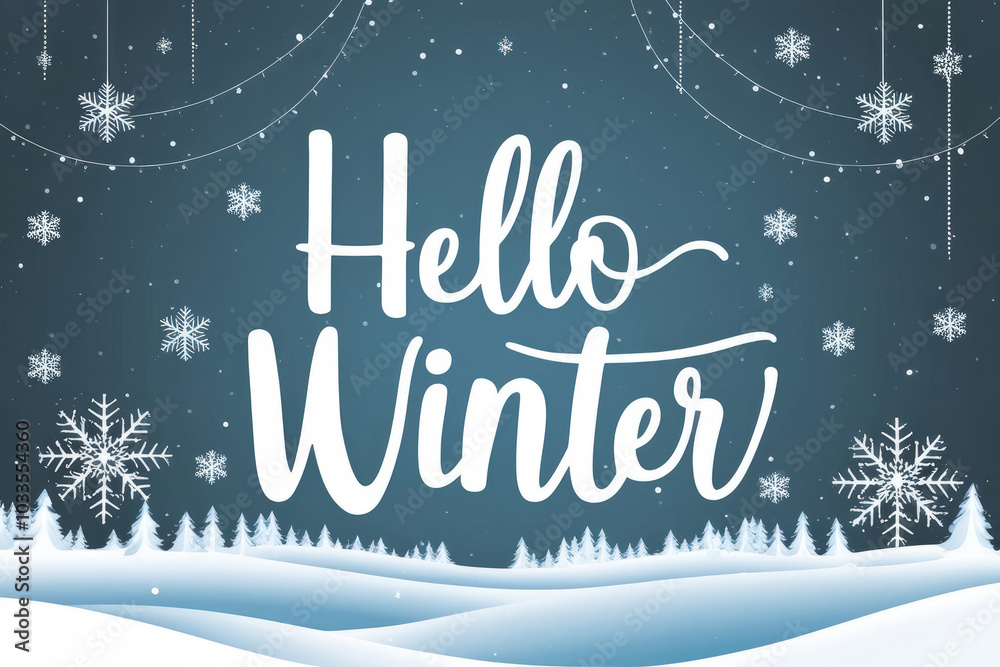 Hello WINTER. Winter wonderland background design with snowflakes. AI generated Hello WINTER. Winter wonderland background design with snowflakes. AI generated