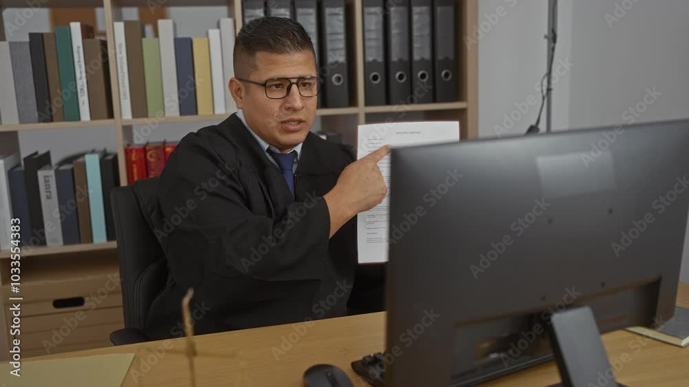 Young hispanic man wearing a judge robe holding a document while on a video call in an office with bookshelves and a desktop monitor.