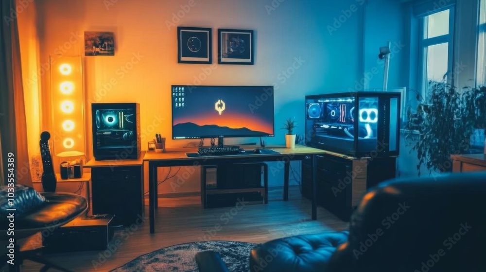A cozy tech room with ambient yellow LED lights, a computer setup, and comfortable black leather chairs. A cozy tech room with ambient yellow LED lights, a computer setup, and comfortable black leather chairs.