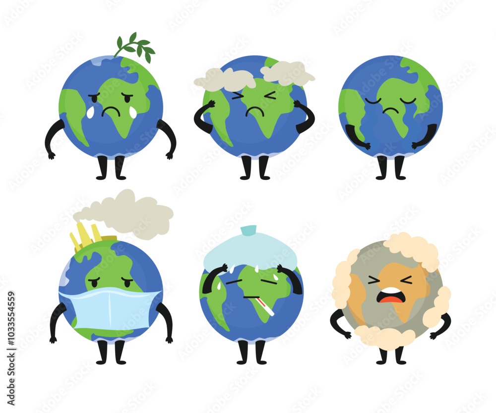 Set of cute sad earth character crying collection, earth cartoon, Cute cartoon Earth planet character crying out loudly, sick cartoon planets mascots with ecology problems such pollution illustration. Set of cute sad earth character crying collection, earth cartoon, Cute cartoon Earth planet character crying out loudly, sick cartoon planets mascots with ecology problems such pollution illustration.