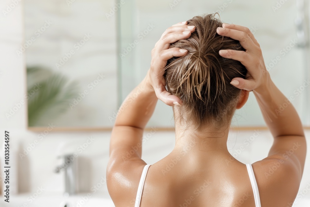 Naklejka premium A woman standing in a modern bathroom, holding her head while enjoying a relaxing shower. The image focuses on self-care, hair care, and personal well-being.