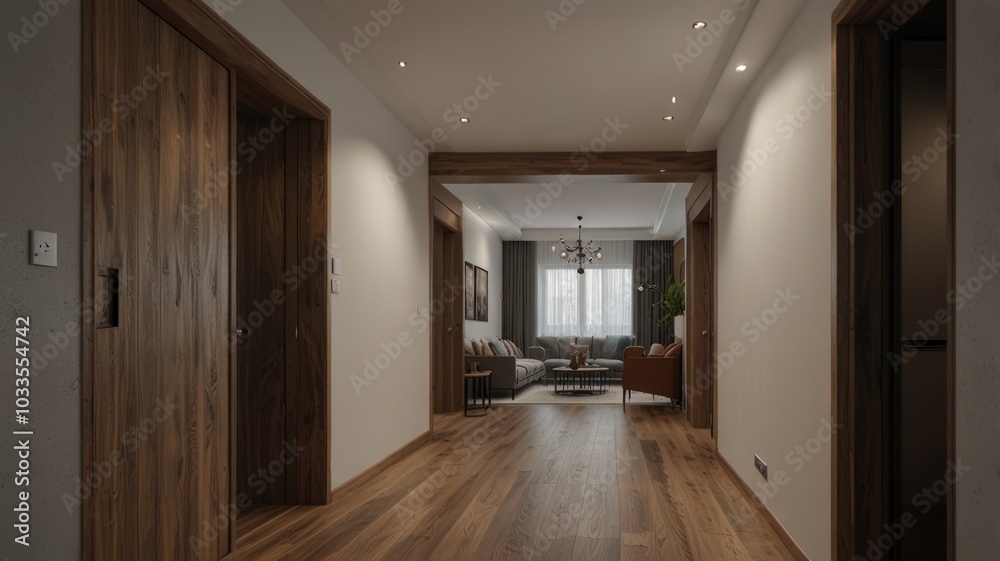 A hallway with wooden floors and white walls leads to a living room with a sofa, coffee table, and a chandelier. A hallway with wooden floors and white walls leads to a living room with a sofa, coffee table, and a chandelier.