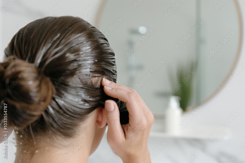 Fototapeta premium A woman applying hair conditioner in the bathroom, focusing on the back of her head. Her hair is sleek and wet, showing part of her hair care routine.