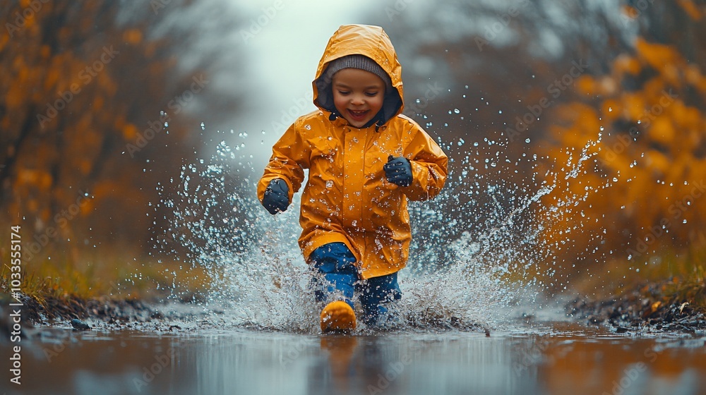 Fototapeta premium A young boy in a yellow raincoat runs through a puddle, laughing with joy as the water splashes around him.