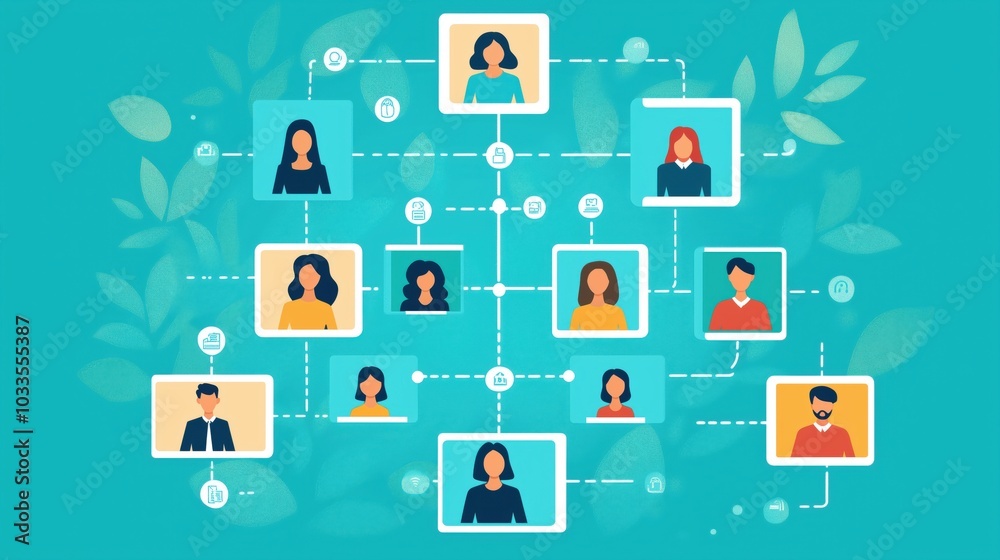 Network diagram illustrating connections among individuals, diverse avatars, relationships Network diagram illustrating connections among individuals, diverse avatars, relationships