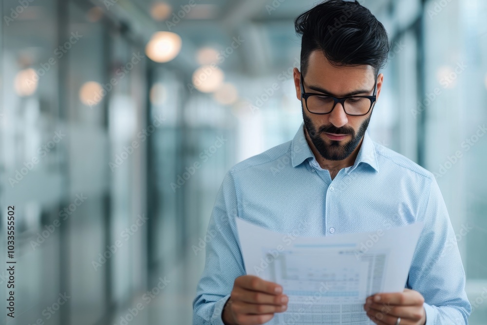 Focused businessman examining documents in modern office corridor. Professional attire, natural light, serious expression for corporate setting. Focused businessman examining documents in modern office corridor. Professional attire, natural light, serious expression for corporate setting.