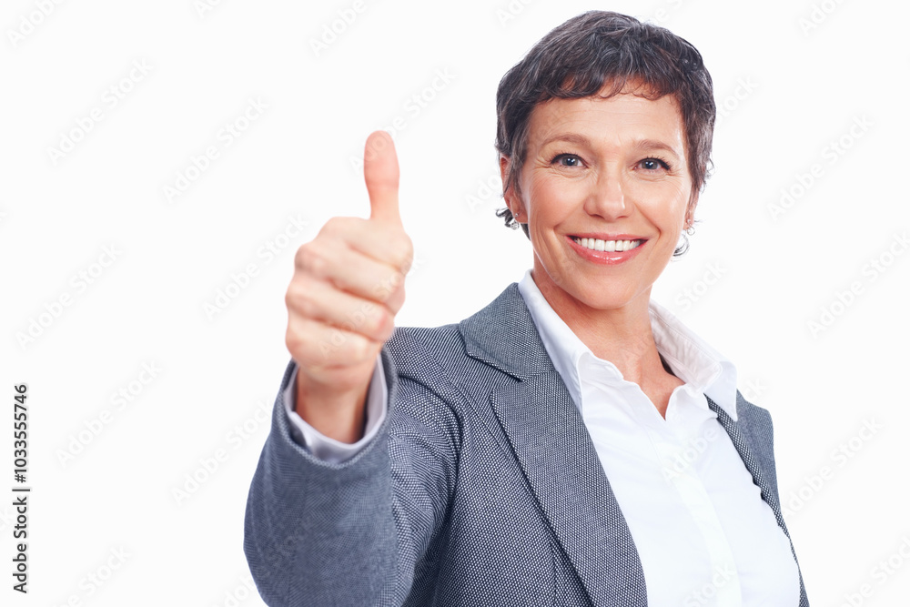 Portrait, thumbs up and happy business woman with emoji, support gesture or success. Face, mature manager and like hand sign for excellence, quality and feedback on white studio background in France Portrait, thumbs up and happy business woman with emoji, support gesture or success. Face, mature manager and like hand sign for excellence, quality and feedback on white studio background in France