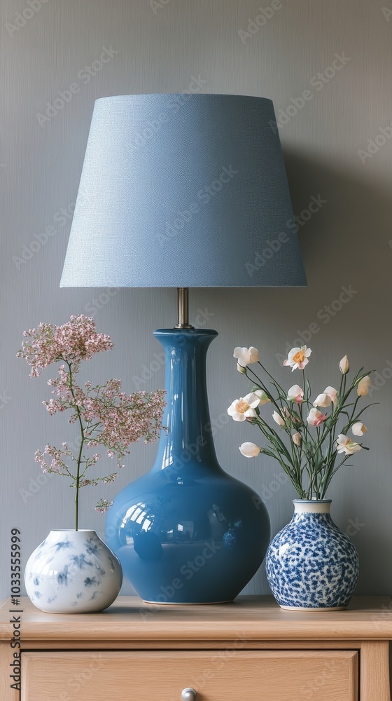 Stylish interior vignette featuring a blue lamp, fresh flowers in a vase, and playful decorative elements on a minimalistic shelf, Generative AI Stylish interior vignette featuring a blue lamp, fresh flowers in a vase, and playful decorative elements on a minimalistic shelf, Generative AI