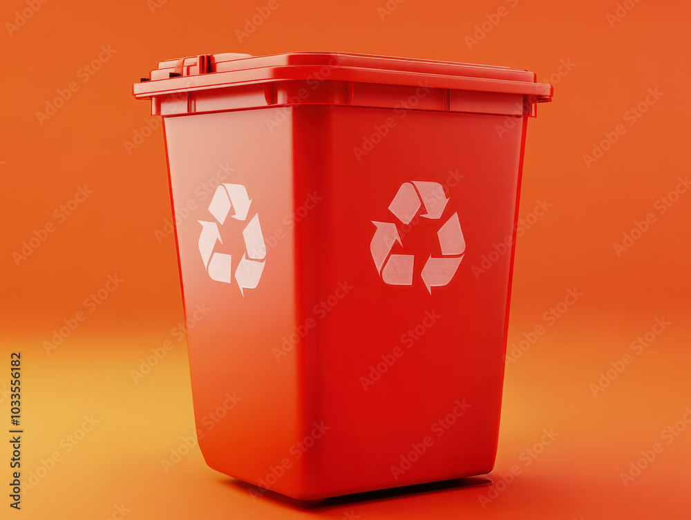 A red recycling bin with a visible recycle symbol against a bright orange background, promoting sustainability and waste management. A red recycling bin with a visible recycle symbol against a bright orange background, promoting sustainability and waste management.
