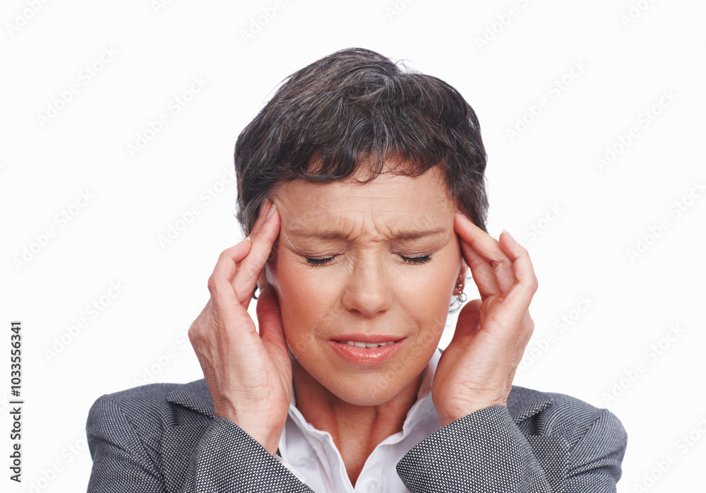Business, woman and sad with headache in studio for deadline, stress and overworked in white background. Female person, employee and isolated with migraine, strain and frustration or worried Business, woman and sad with headache in studio for deadline, stress and overworked in white background. Female person, employee and isolated with migraine, strain and frustration or worried
