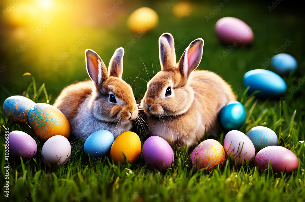 Osterhäschen zu Ostern mit bunten Eiern im Gras Osterhäschen zu Ostern mit bunten Eiern im Gras