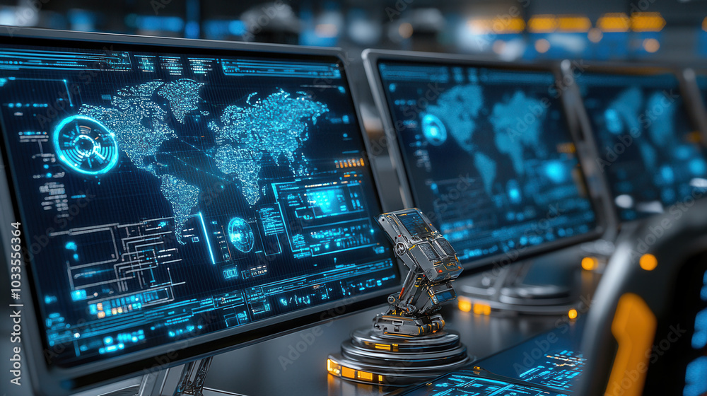Fototapeta premium High tech control room with multiple screens displaying global data and analytics, showcasing advanced technology and futuristic design