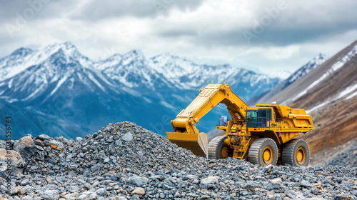 Heavy machinery operates on rocky terrain, showcasing yellow excavator against backdrop of majestic snow capped mountains. scene captures power and scale of mining operations in stunning natural