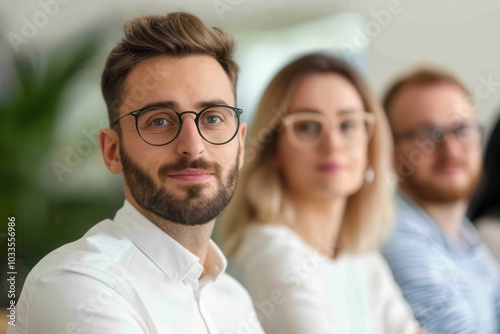 Group of professionals in an office setting, focused and engaged in a meeting, featuring diverse individuals with glasses.