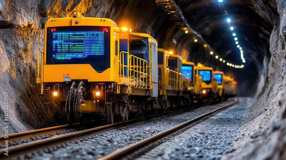Obraz premium Modern mining trains operate in tunnel, showcasing advanced technology and infrastructure. scene highlights efficiency of underground transportation systems in mining operations