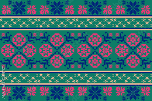This design features pixelated fabric with colorful mandala and mosaic patterns in soft green pastel tones. Inspired by embroidery and cross-stitch, it's ideal for clothing and home decor, pixel rug