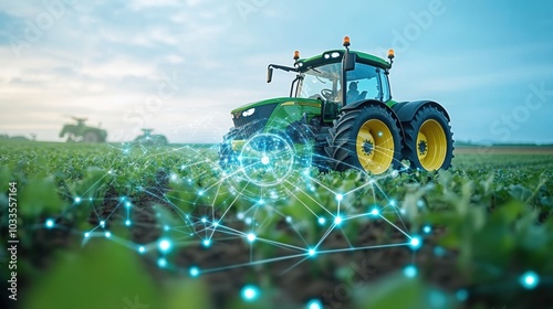 A modern tractor working on a field with digital connections, representing the fusion of agriculture and technology.