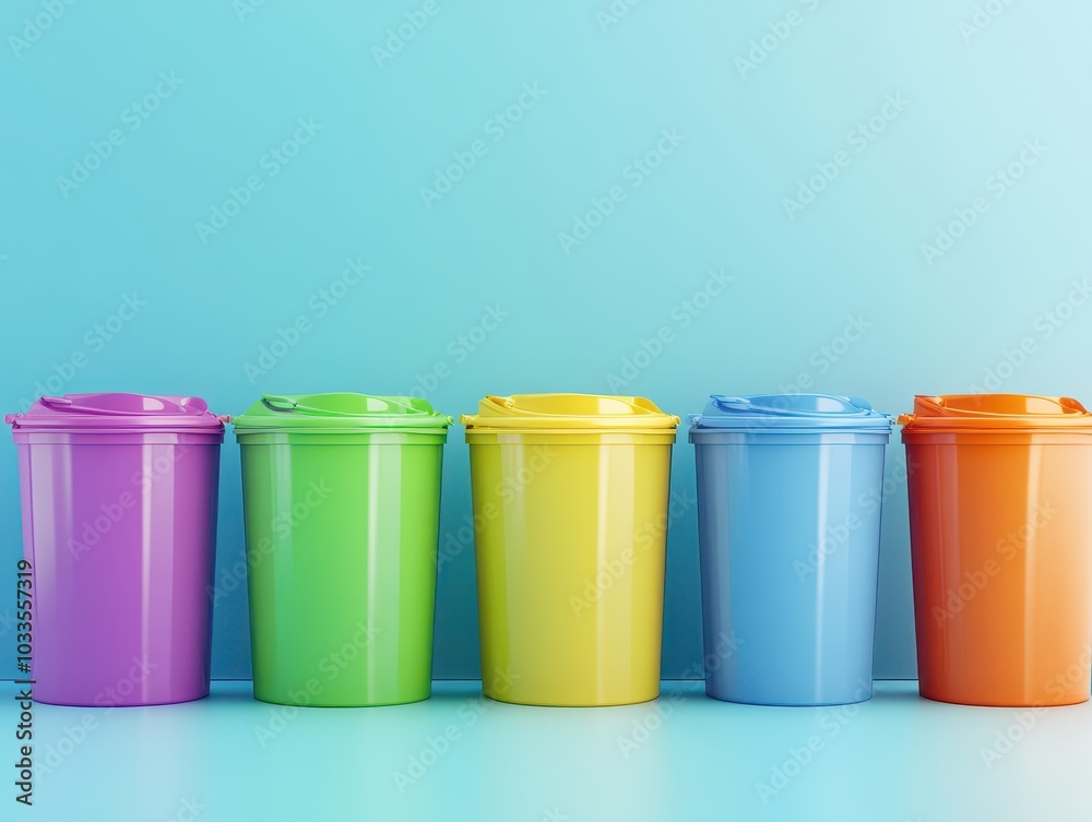 A row of colorful trash bins against a bright blue backdrop, showcasing vibrant hues and modern design, ideal for waste management. A row of colorful trash bins against a bright blue backdrop, showcasing vibrant hues and modern design, ideal for waste management.