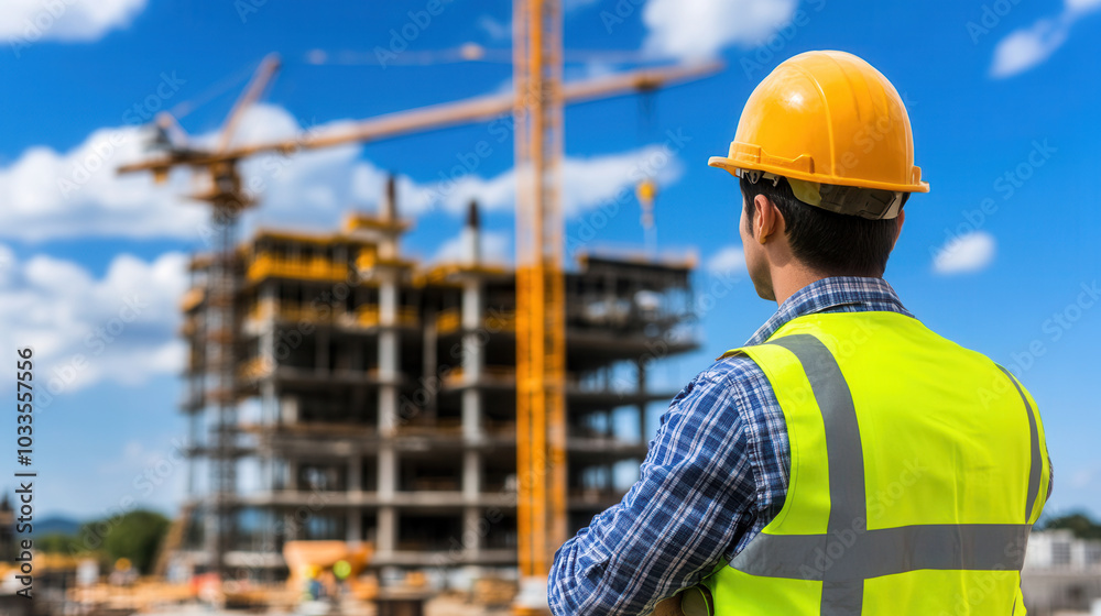 Construction worker observing building site with cranes and scaffolding. bright blue sky adds to industrious atmosphere, showcasing progress of construction Construction worker observing building site with cranes and scaffolding. bright blue sky adds to industrious atmosphere, showcasing progress of construction