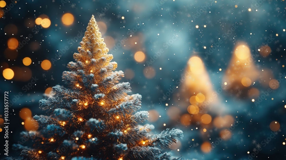 Obraz premium Christmas Trees with snow and lights against bokeh lights on dark blue and copy space
