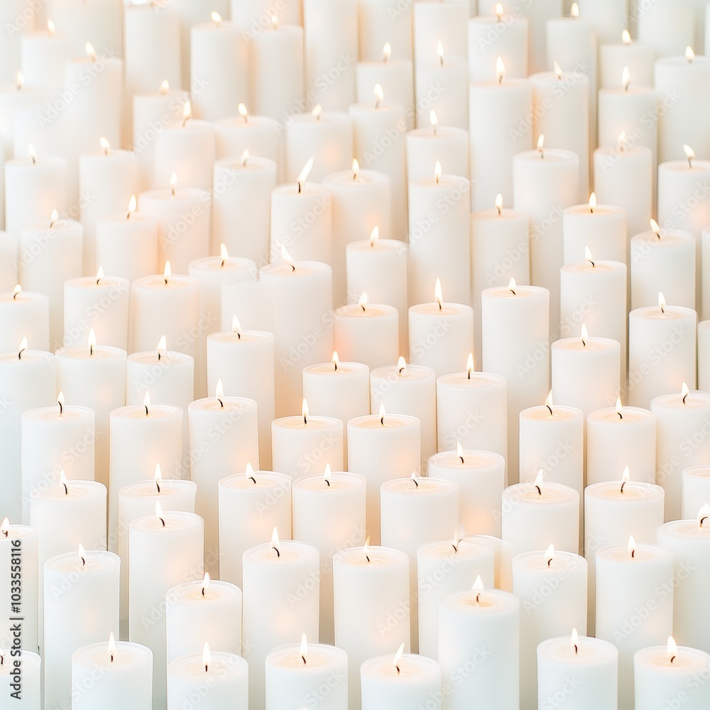 Fototapeta premium A serene arrangement of numerous lit white candles creating a tranquil ambiance.