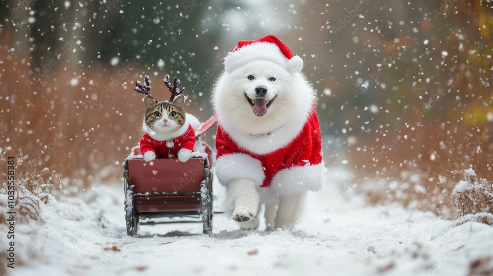 Dog & cat xmas joy. White dog and tabby cat in festive attire, playful Christmas spirit, snow scene. Dog & cat xmas joy. White dog and tabby cat in festive attire, playful Christmas spirit, snow scene.