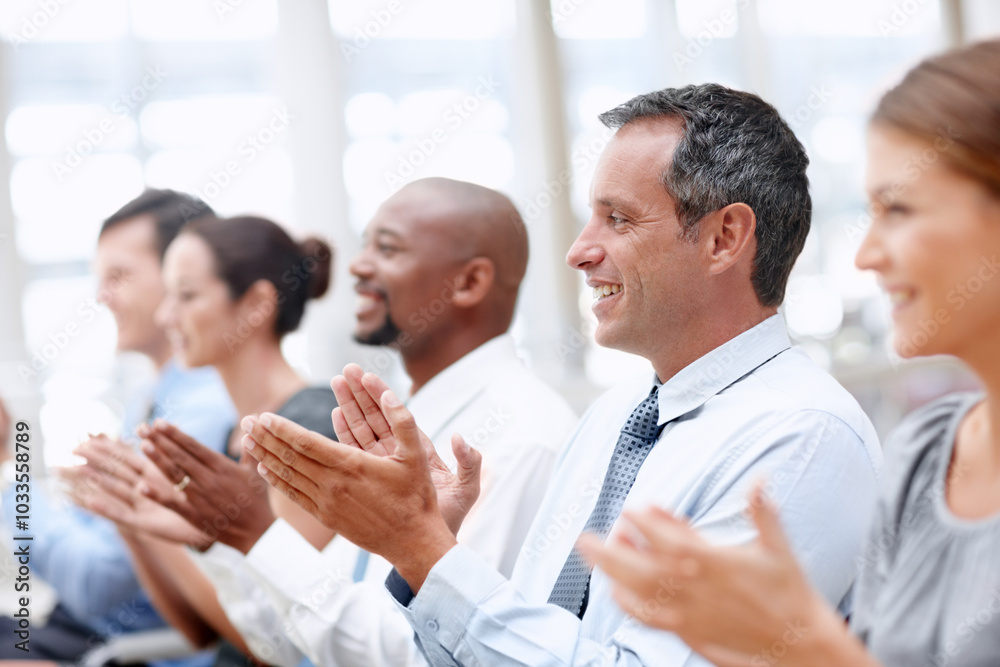 Group, applause and audience for celebration, workshop and success in meeting or achievement. Business people, happiness and teamwork with excited in workplace for winning, promotion and presentation Group, applause and audience for celebration, workshop and success in meeting or achievement. Business people, happiness and teamwork with excited in workplace for winning, promotion and presentation