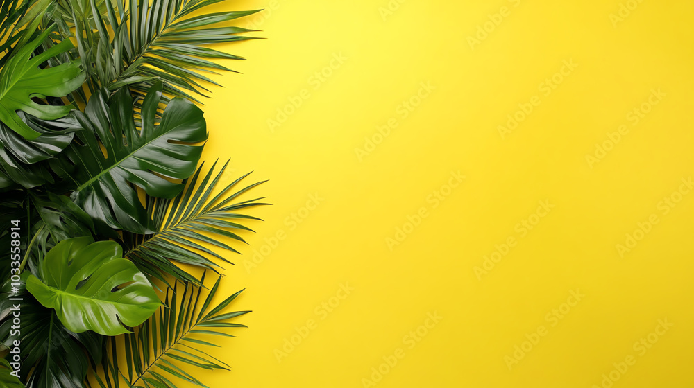 Tropical leaves on bright yellow background Tropical leaves on bright yellow background
