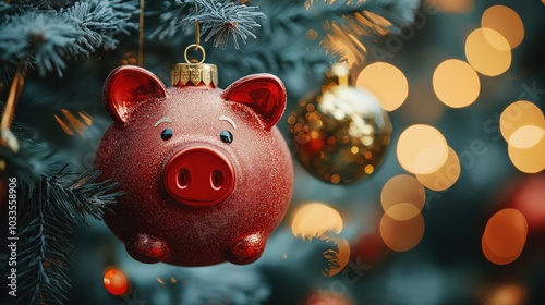 Piggy bank Christmas tree Ornament decoration hanging on the branch of the fir tree against blurred bokeh light background with space for copy