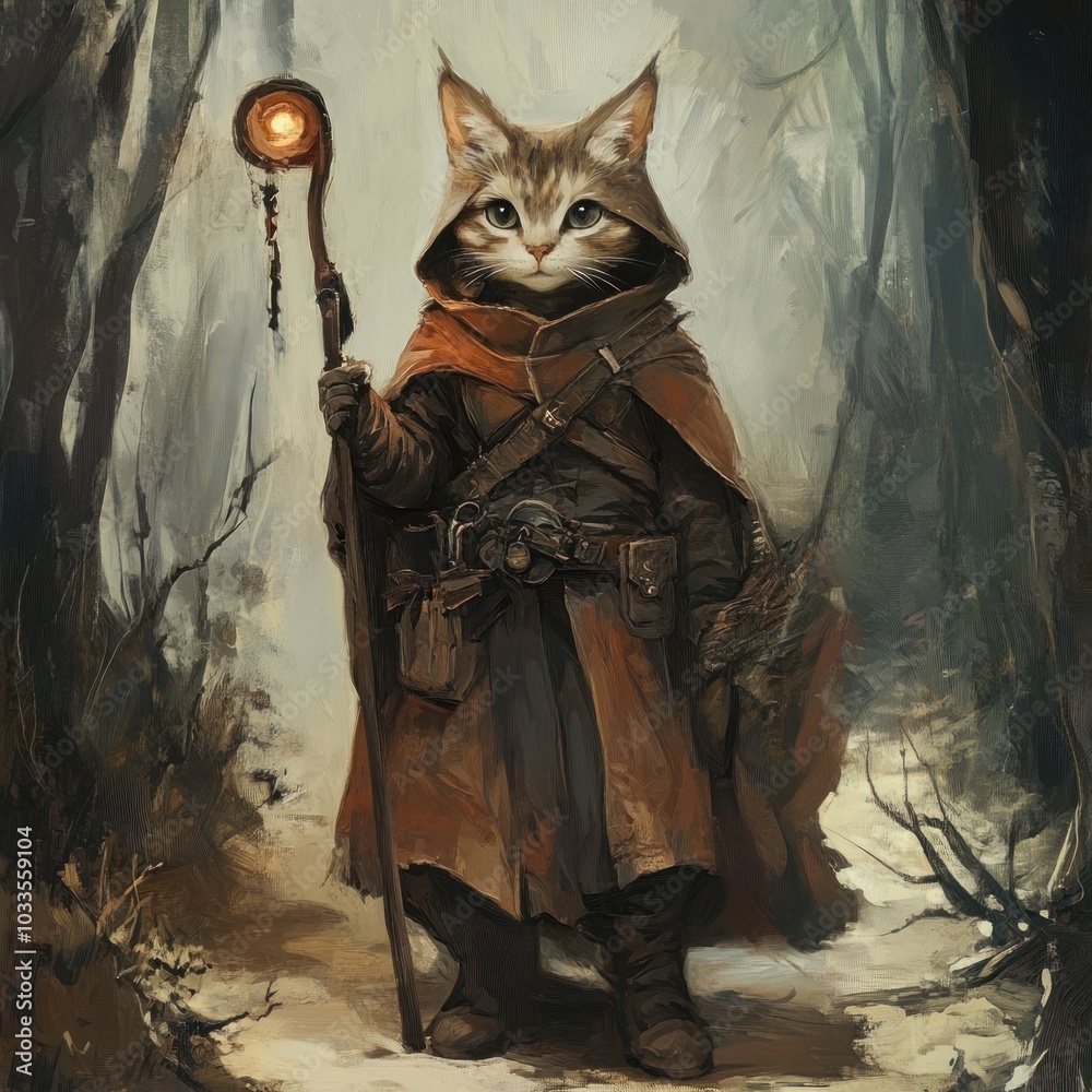 Fototapeta premium A tabby cat dressed as a wizard with a staff and cloak in the forest.