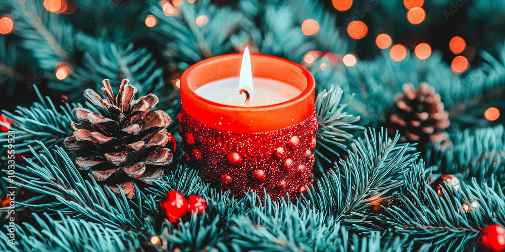 Christmas candle burning brightly in the darkness, surrounded by soft bokeh lights. This scene evokes an atmosphere of tranquility and reflection, perfect for the peaceful essence of the Xmas