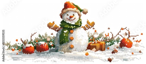 Jolly Snowman Character Standing in Snowy Outdoor Landscape with Christmas Ornaments Presents and Festive Winter Elements  Whimsical Pixel Art in Retro Style photo