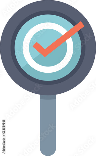This vector illustration features a magnifying glass focusing on a check mark, symbolizing the concept of thorough examination, verification, and accuracy