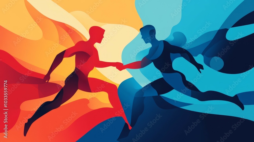Teamwork success. Two runners hand off a baton, symbolizing collaboration and shared achievement. Teamwork success. Two runners hand off a baton, symbolizing collaboration and shared achievement.