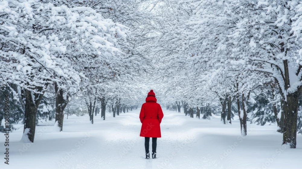 Unrecognizable person in red winter coat standing among snow-covered trees in serene winter forest, capturing the tranquility of nature in a peaceful snowy landscape with frosted branches and a crisp, Unrecognizable person in red winter coat standing among snow-covered trees in serene winter forest, capturing the tranquility of nature in a peaceful snowy landscape with frosted branches and a crisp,