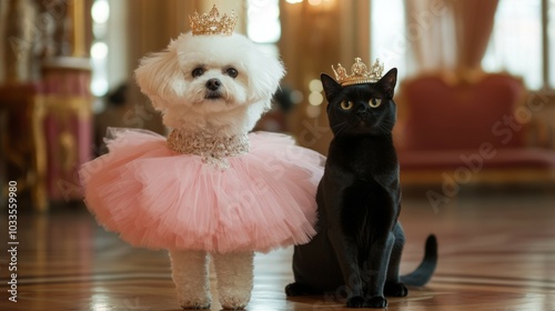 Dog and cat royalty. A white dog in a pink tutu and a black cat both wearing golden crowns. The image represents friendship and royalty.